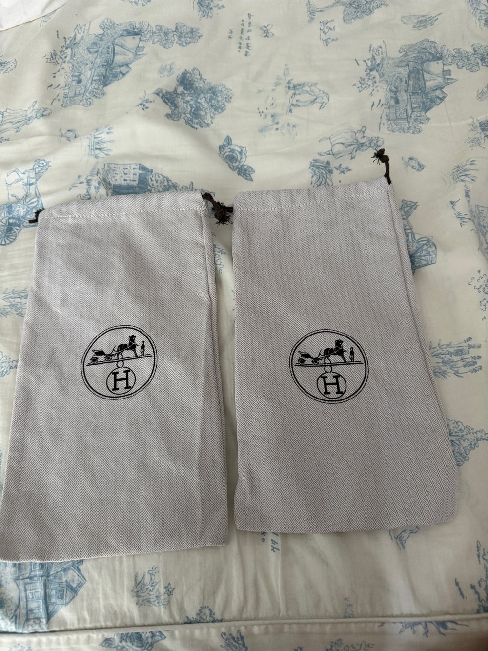 Hermès Black Logo Canvas Dust Pouch on Herringbone Fabric